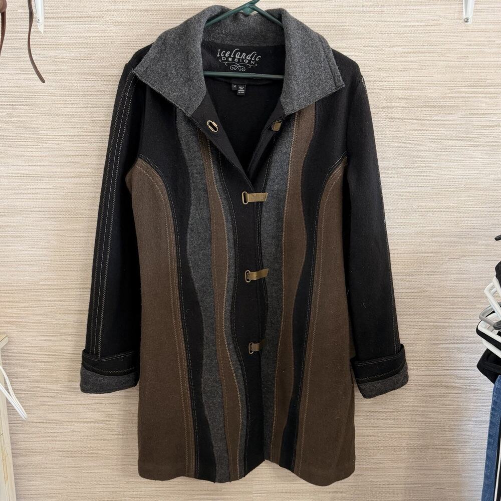 ICELANDIC DESIGN Wool Brown & Black Seam Jacket Button Front Size M Zip Pockets - Picture 1 of 8